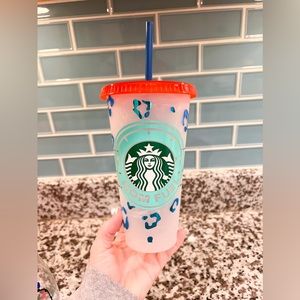 Starbucks Cold Cup Mom Fuel Leopard Print Blue and Orange NEW